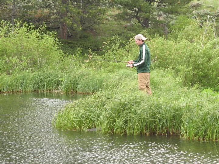 Casey fishing from a grassy bank on a mountain stream